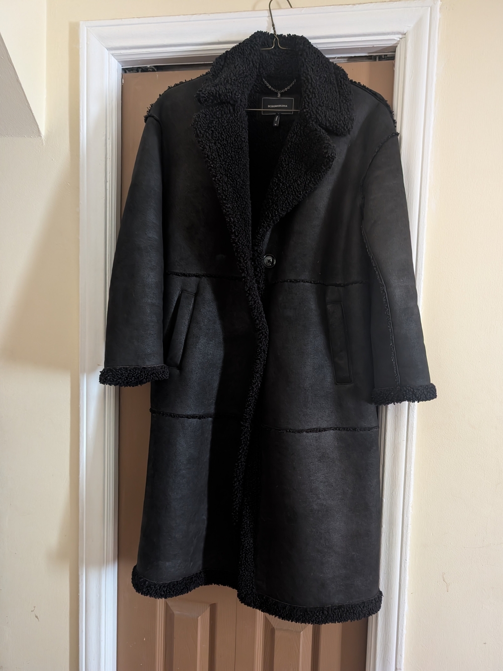 BCBG Black Shearling Lapel Pea Coat